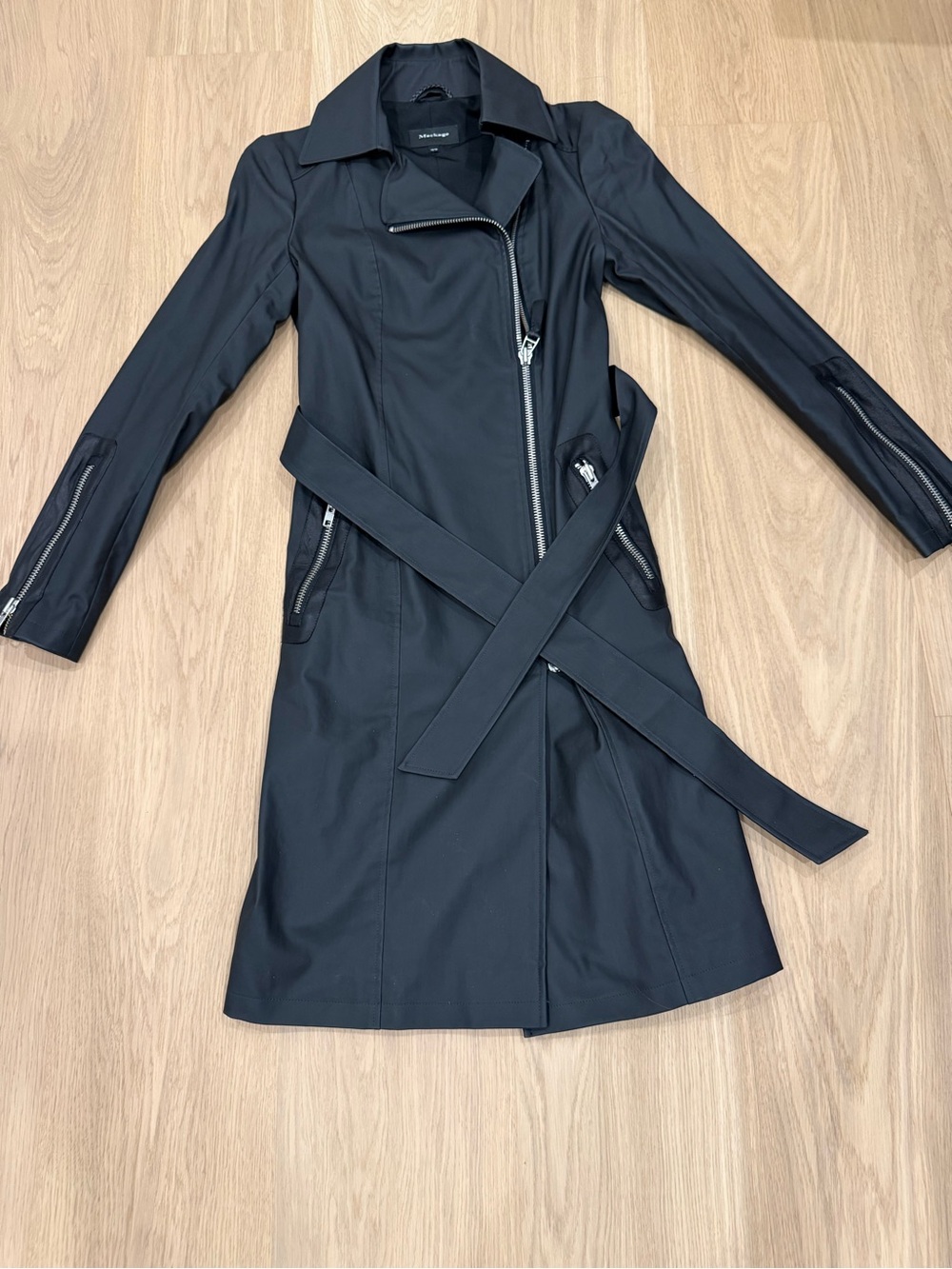 Black Mackage,Women's Asymmetrical Zip Estela, belted Trench Coat - Picture 9 of 14